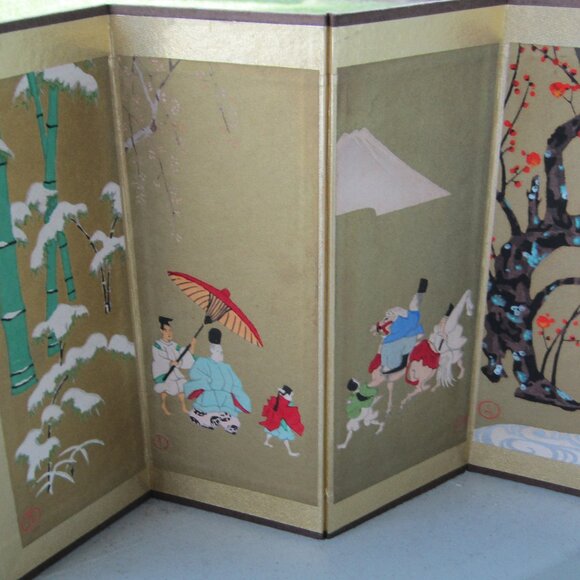 Vintage Japanese Miniature 4-Panel Folding Screen Tabletop Byōbu Art | Mt. Fuji - Picture 3 of 16
